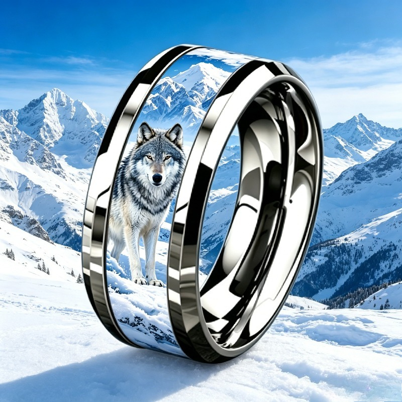 Snow Mountain Wolf Pattern Ring, Stainless Steel Design